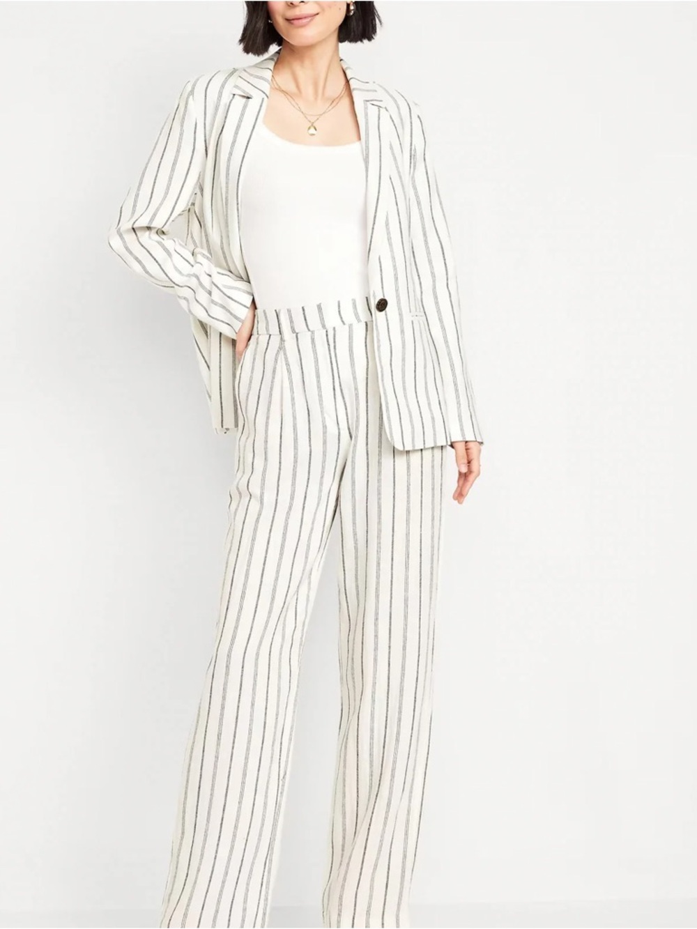 Old Navy White Linen Pants with Thin Gray Vertical Stripes